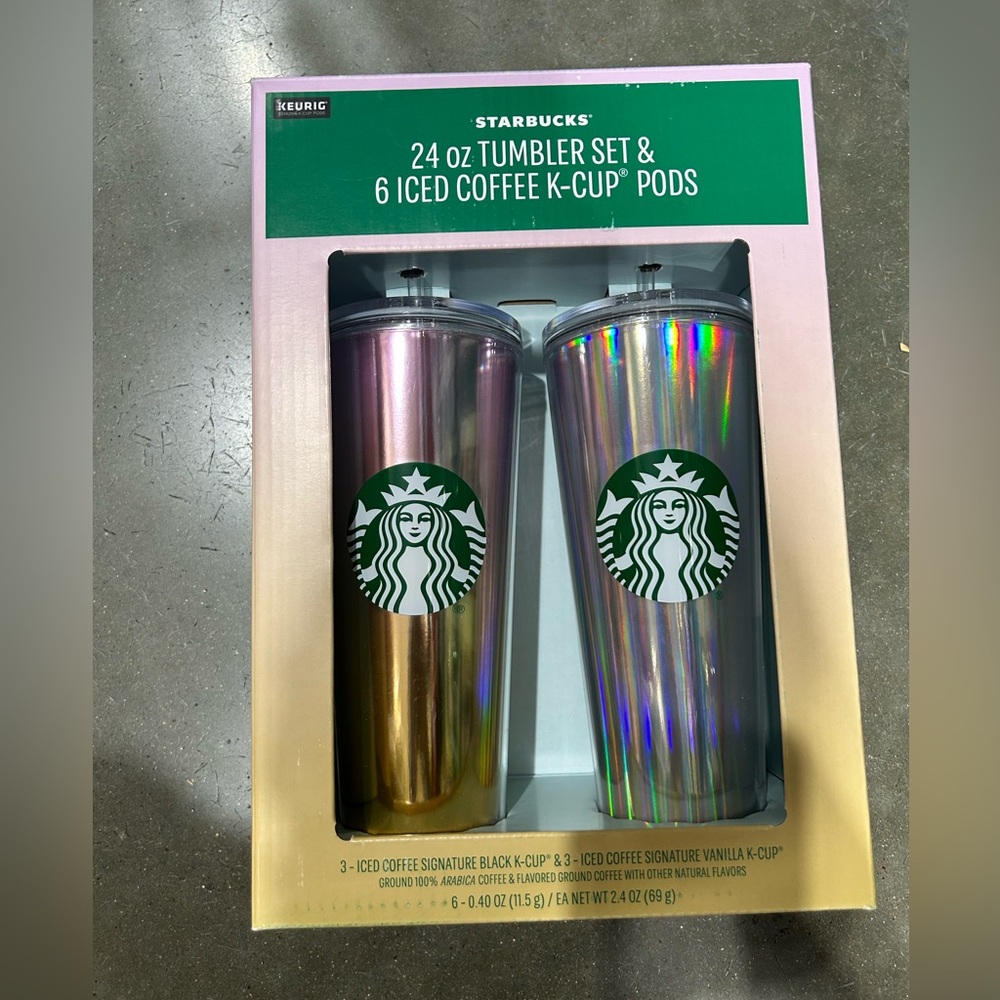 Starbucks 24 oz Tumbler set & 6 Iced coffee K-cup Pods- 2 cups per set